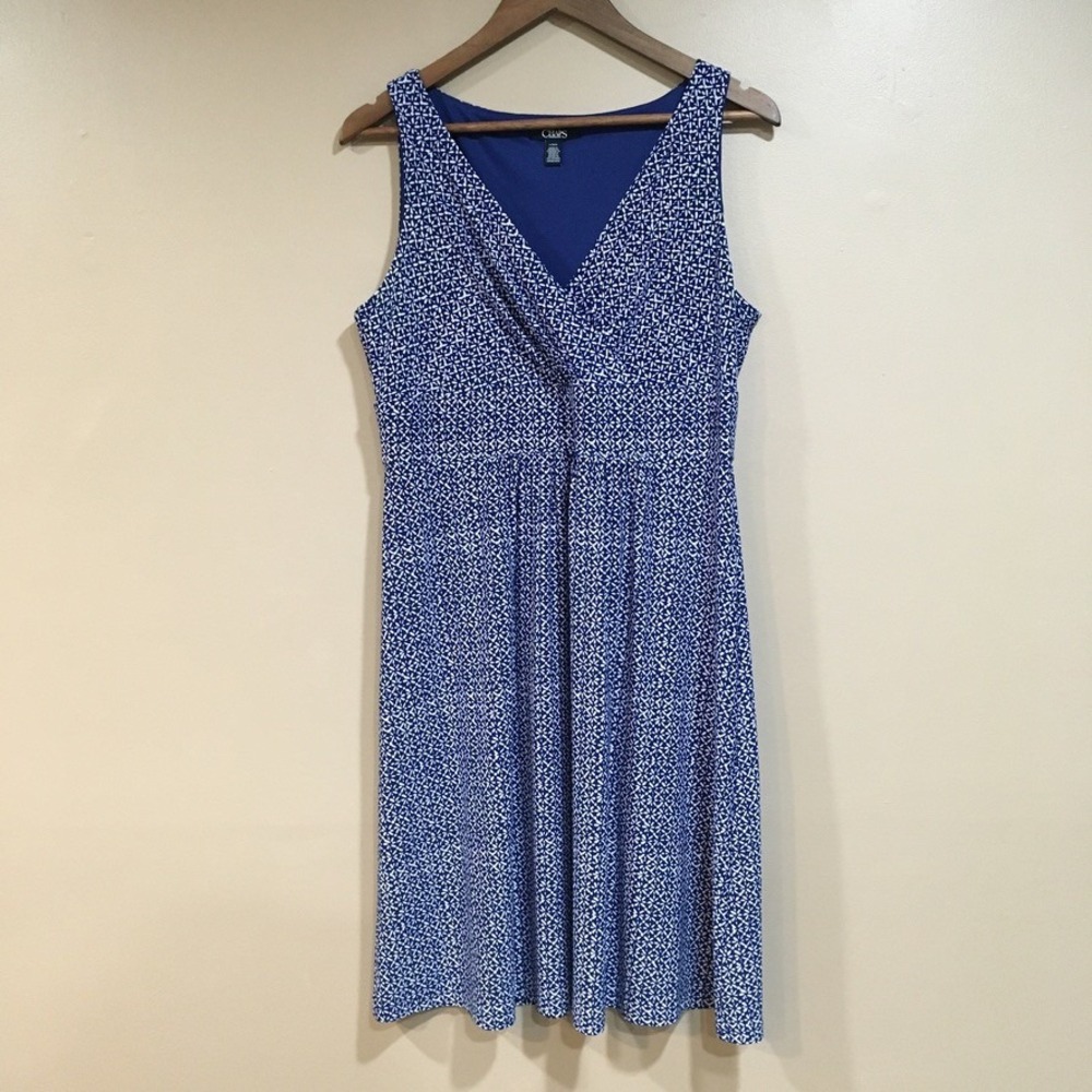 Chaps Surplice Sleeveless Dress Womens L Blue Geometric Floral Preppy Coastal